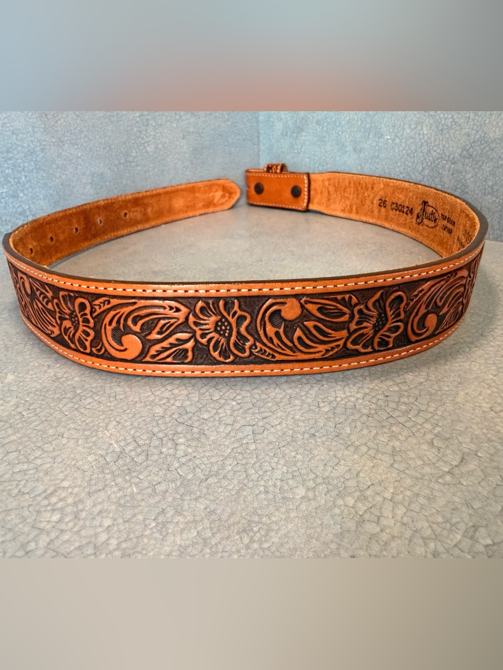 Justin Boots Hand-Tooled Floral Leather Buckle Belt in Tan and Dark Brown